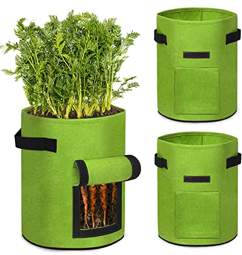 TRMLBE Pflanzsäcke 3 * 10 Gallonen Pflanzsack Wachsen Taschen mit Sichtfenster und Griffen Kartoffel Pflanzbeutel aus Vliesstoff Tomaten Kübel Gemüse Beutel, Grün