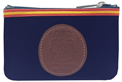 Tiendas LGP – Monedero Cuerpo Nacional de Policía CNP, Lona y Piel, Cremallera, Color Azul, con Bandera de España, 11 x 7,5 cm.