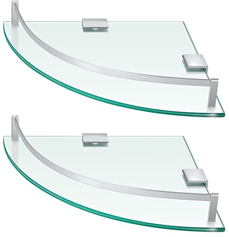 Gejoy 2 Stück Glas-Eckregal, Edelstahl, Badezimmer-Glasregal, schwebende gehärtete Glasregale, Wandmontage, Eck-Badezimmer-Organizer zur Aufbewahrung von Flaschen, Duschgel, Shampoo-Bürste, 24 cm