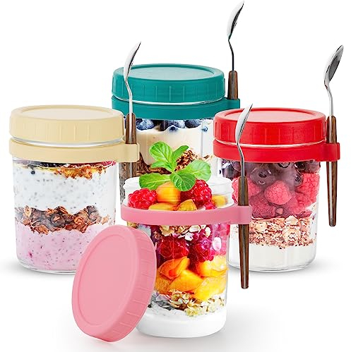 Dyserbuy 4 Pack Overnight Oats Containers with Lids and Spoons, 350ml/12 oz Glass Mason Jars for Overnight Oats, Large Airtight Jars with Measurement Marks for Milk, Cereal On The Go Container