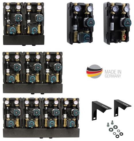 ENVIRON- Modulverteilergruppe Pumpengruppen individuell konfigurierbar | 3 Wege Mischer DN25 Fußbodenheizung Umwälzpumpe Heizung (4er Verteilerbalken, 3x gemischte 1x direkte Pumpengruppe)