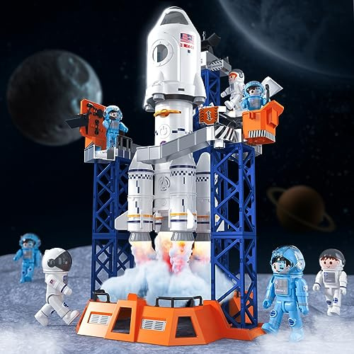 Rocket Launcher Space Shuttle Toys for Kids Boys Age 3 4 5 6 7 8 9 Years Old, 2-in-1 STEM Building Aerospace Toys with Rocket Launcher for Indoor Outdoor, Rocket Spaceship Birthday Gift for Boys Girls
