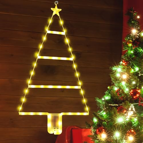 Moxled Battery Christmas Lights - 2ft LED Ladder Christmas with Timer, 8 Modes, Waterproof Ladder Tree Lights for Outdoor Indoor Window Door Wall Xmas Decorations (Warm White)