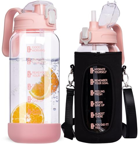 DEARRAY 2l Gourde Verre Motivation avec Paille et Marqueur de Temps 2 litres grand transparente Bouteille eau Verre Borosilicaté Carafe eau Pichet en Verre