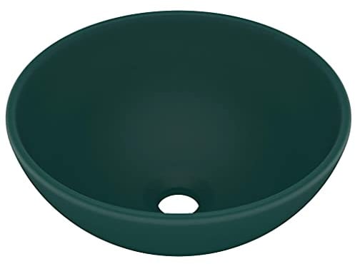 vidaXL Luxus Waschbecken mit Abflussloch Waschschale Aufsatzwaschbecken Waschtisch Waschplatz Handwaschbecken Rund Matt Dunkelgrün 32,5x14cm Keramik