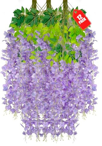 ZEBMOON 12 Stück hellviolette Glyzinien hängende Blumen, künstliche Glyzinien-Girlande, Reben für Hochzeit, Zimmer, Hintergrund, Outdoor, Terrasse, Garten, Dekoration, 12 Stück