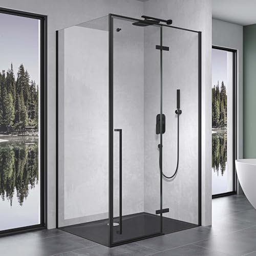 Mai & Mai Duschkabine Schwarz 80x140cm Eckdusche Duschabtrennung inkl. Duschtasse 6mm ESG inkl. NANO-Beschichtung in Klarglas mit Handtuchhaken Rav64K