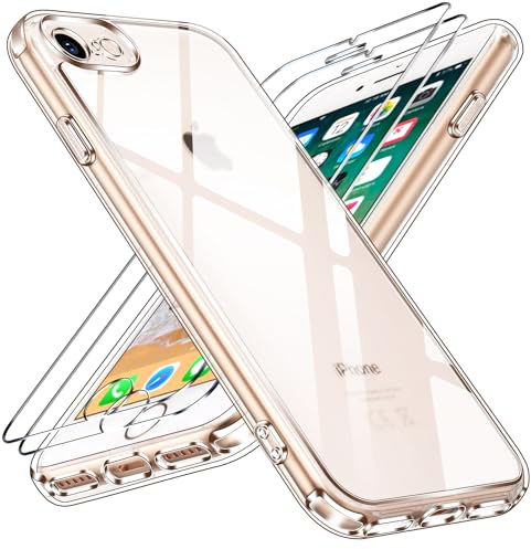 ivoler Nie Vergilbung Klar Hülle für iPhone SE 2022/2020 (3./2. Generation) / iPhone 8/7, 1 Handyhülle mit 2 Stück Panzer Schutz Glas, Stoßfest Transparent Schutzhülle Dünn Durchsichtige Case
