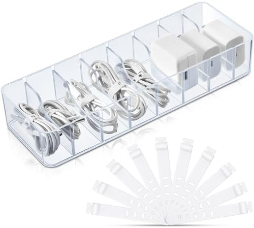 Tatuo 1 Pcs Cable Organizer Box with Wire Ties Cord Storage Charger Box Plastic Electronics Organizer with 8 Removable Divider Cable Storage for Office Home Desk Accessories (Clear)