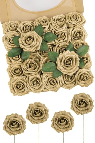 N&T NIETING Künstliche Blumen Rosen Deko, 25 Stück Glühende Gold Blumen Glitter Rosen Echte Looking Fake Schaum Rosen mit Stiel für Weihnachtsdekoration DIY Hochzeit Home Dekorationen