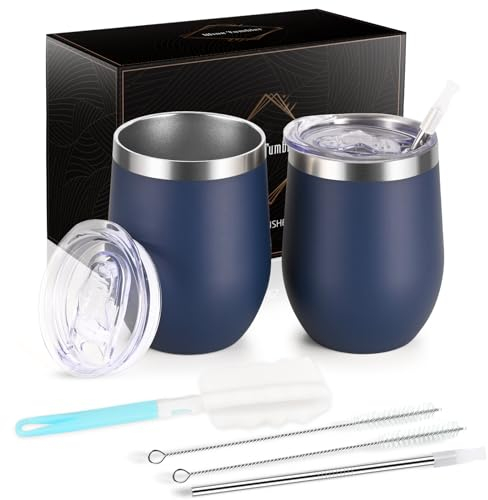 Joymaking 12oz Reusable Coffee Cup, 2 Pack Double Walled -Insulated Travel Mug Vacuum Stainless Steel Wine Tumbler with Spill Proof Lid, Great for Coffee, Tea, Milk and Wine, Dark Blue