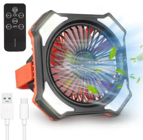 Camping Fan with LED Light & Remote Control, 10400mAh Powerful Rechargeable Quiet Tent Fan with Hanging Hook, 3 Level Portable USB Desk Fan Table Fan for Outdoor Picnic, Barbecue, Fishing, Home Office
