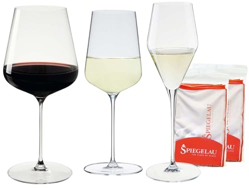 Spiegelau Definition Lot de 12 verres à vin + chiffons de polissage, verres à bordeaux (750 ml), verres à vin blanc (430 ml), verres à champagne (250 ml), chiffons de nettoyage pour verre (50 x 64