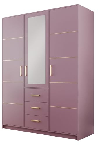 Albello - Kleiderschrank 147 cm x 57.5 cm x 200 cm Blame, Schrank mit Spiegel, Großer Garderobenschrank, Schrank Wohnzimmer aus Holzwerkstoff, Schrank Schlafzimmer - Plum, Violet/Rose