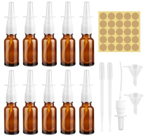 JIANGZHIB 10 Stück Nasenspray Flasche Leer, 20ml Braun Nasen Sprühflaschen, Wiederverwendbar Nasenspray Bottle Zerstäuber Mit Etiketten, Düsen, Trichter, Kunststofftropfer für Parfüm, Kochsalzlösung