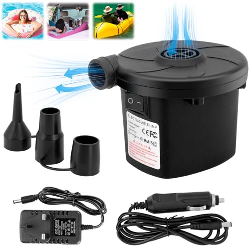 Electric Pump for Inflatables Air Bed Pump with 3 Nozzles Home & Car Charger Portable Rechargeable Air Pump for Airbed Raft Boat Swimming Ring