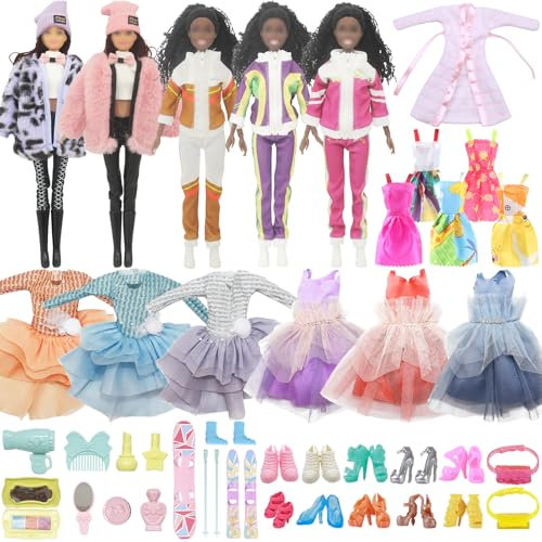 42 Puppenkleidung Schmuck Zubehör 5 Winter Plüsch Oberteil Hosen 2 Skianzug 1 Bademantel 1 Langarm-Netzkleid 1 Modisches Kleid 5 Kleider Schuhe Taschen Make-up Ski-Zubehör für 11,5 Zoll Puppen