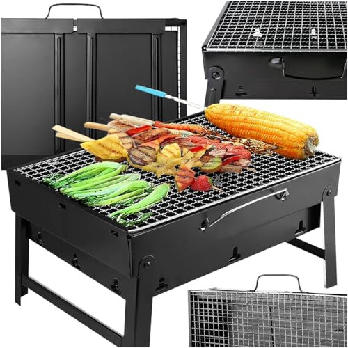 Mallette de barbecue portable pour tourisme - Barbecue au charbon de bois pliable - Barbecue portable compact et durable avec grande surface de cuisson, poignée ergonomique et boîte à feu amovible,