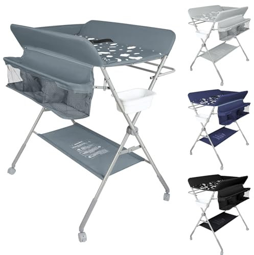 Wickeltisch faltbar, Wickelkommode für Babys, Wickeltisch mit Ablagen, Stauraum + Sicherheitsverschluss, Giraffenmotiv (B, Dunkelgrau)