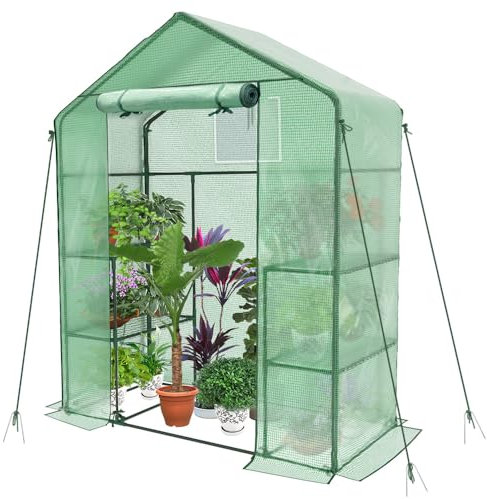 VOUNOT® Serre de Jardin PE avec Étagères 3 Niveaux Serre de Jardin pour Légumes Plantes Fleurs Bâche Renforcée 135g/m2 Protéger Vos Plantes en Toutes Saison 143x73x195cm Vert