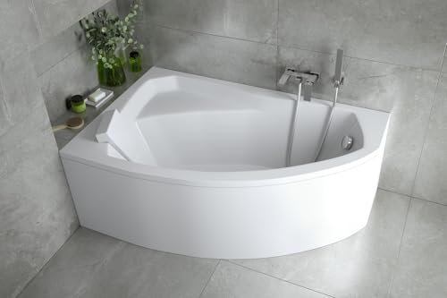 ECOLAM Baignoire d'angle Rima 140x90 cm gauche | tablier acrylique | Appuie-tête | pieds siphon + silicone | Set complet