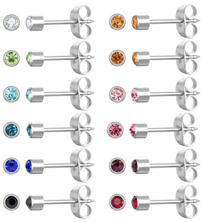 12 Paar Ohr Piercing Ohrstecker Set, vergoldet chirurgischen Edelstahl Multicolor Birthstone Cubic Zirkonia Ohrstecker für Ohr Piercing Guns (Silver round 5mm)