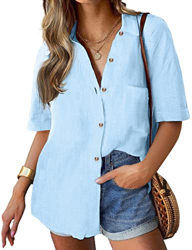 HOTOUCH Short Sleeve Blouses for Women Summer Casual Shirts V Neck Button Down Blouse Elegant Cotton Shirt Solid Color Tops Light Blue XL