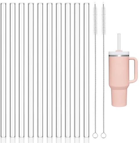Realjoy 10Pcs Cannucce di Vetro Lunghe 30cm, Cannucce Riutilizzabili pour Stanley Cup 30/40oz, Cannuccia per Borraccia, Cannuccia Trasparente con 2 Spazzole per la Pulizia(10 Rettilinei)