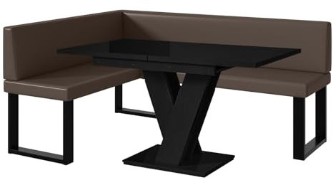 MEBLINI Eckbank für Esszimmer mit ausziehbarem Tisch - Küchenbank - Essecke - Sitzecke Küche - Toni - U-Beine 128x168x87cm Links - Braun Kunstleder/M Schwarz Hochgl.