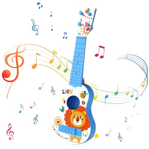 Durdiiy Gitarre für Kinder, 43 cm Blaue Kindergitarre, Musikinstrument für Kinder, Mini-Gitarre Ukulele Gitarre Spielzeug mit 4 verstellbaren Saiten Für Kleinkinder Anfänger Jungen Geschenk (Löwe)