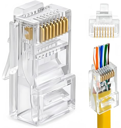 Cisixin CAT6 RJ45 Connector 100 Pcs, Gold-Plated Transparent Network Plug, 8P8C Ethernet End, for Cat6 Cat5e Solid Stranded Cable