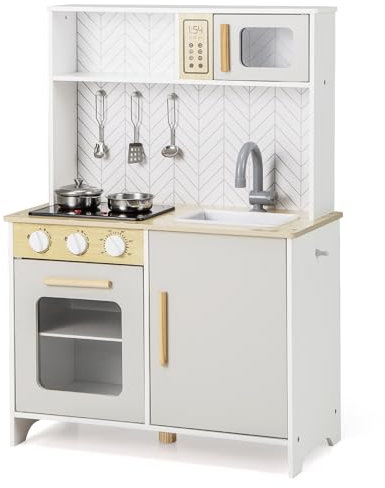 GOPLUS Juego de Cocina para Niños, Set de Cocina de Imitación con Luces y Sonidos, Estufa, Horno, Fregadero, Grifo, Microondas, Utensilios de Cocina, Juguete de Cocina de Madera