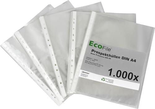ECOfile Prospekthülle A4 nachhaltig 1000 Stück aus Post-Consumer-Recycling PP 60 my transparent genarbt, Schmalseite oben offen, mit Abheftrand, Eurolochung, weißem Verstärkungsstreifen