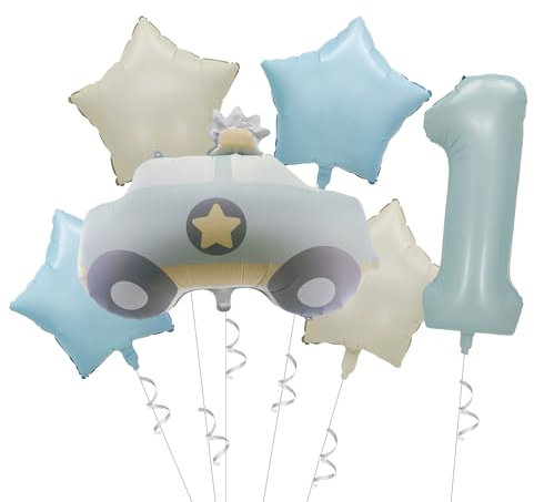 Ovanda Deko 1. Geburtstag Junge Traktor Geburtstagsdeko, Luftballon Auto, 1 jahr Mädchen Luftballon 1. Geburtstag Pastel Blau Ballon Zahl 1 Party Deko, Balloon Car, Polizeiauto