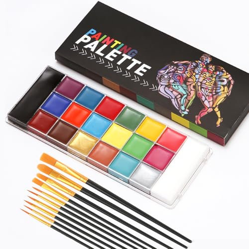 Juego de pintura corporal para la cara, 20 colores, paleta de colores corporales de Halloween, con 10 pinceles, resistente al agua, juego de pintura de maquillaje y bodypaint, maquillaje teatral