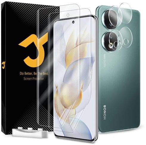 JZG 2 + 2 unidades para Honor 90 Protector de pantalla [No vidrio], lámina de poliuretano autoreparable + protector de cámara, soporte de identificación de huellas dactilares, antiarañazos, HD