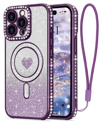 LAPOPNUT Magnetic Glitter Case for iPhone 13 Pro Max and Wrist Strap,Purple | Compatible with MagSafe, Sparkly Phone Cover for Girls Women, Sparkle Rhinestone Rasied Camera Protection,Bling Glittery Cute