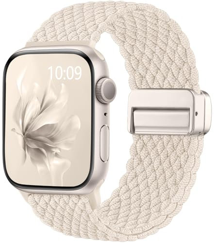 Easuny Braided Strap Compatible with Apple Watch Straps 42mm 40mm 41mm 38mm Women Men - Magnetic Stretchy Elastic Nylon Band for iWatch Strap Series 10 SE 9 8 7 6 5 4 3 2 1 - Starlight