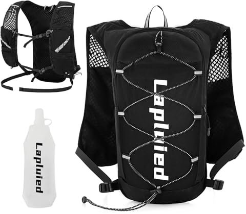 Lapluied 5L Laufweste Damen & Herren mit 500ml Trinkflasche, Verstellbare Laufrucksack mit 9 Taschen, 160g Ultraleicht Trinkweste Laufen Reflektierend Running Vest für Fitness Outdoor, Schwarz