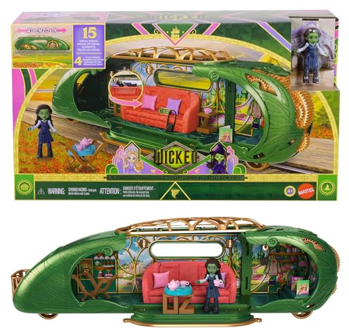 Mattel Universal Pictures’ Wicked Emerald City Train Playset | Elphaba Small Doll, 3 Play Spaces & 14 Accessories, Inspired by the Movie, JKM07
