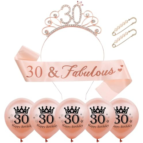 Yxelydriail 30th Birthday Sash and Tiara Rose Sash Rhinestone Crown 30th Birthday Decorations for Women (Rose Gold 30th)