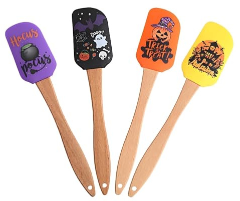 4PCS Halloween Silicone Baking Spatula Set,Non-Stick Cream Spatulas Fall Spatula,Halloween Scraper Baking Scraper with Wooden Handle Heat Resistant Kitchen Serving Utensils for Cooking and Mixing