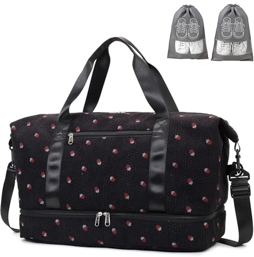 IBALULU Sporttasche Reisetasche Damen, 40L Weekender Travel Duffle Bag mit 2 schuhbeuteln, Schuhfach & Nassfach, Cord Schwimmtasche Strawberry Print Strandtasche Handgepäck Tasche für Sport Reisen