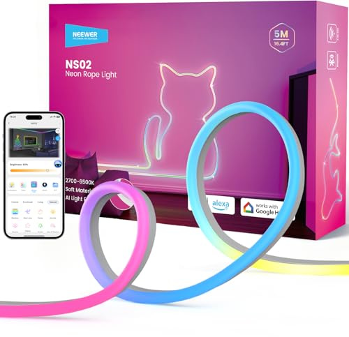 NEEWER NS02 16,4ft/5m LED Licht Streifen Smart AI RGB flexibel zuschneidbar | Neon Lichterkette, App Steuerung, Wanddekoration für Schlafzimmer Spielzimmer, kompatibel mit Google Assistant Alexa