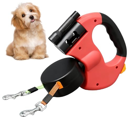 BAIFULAI Correa retráctil para 2 perros, correa doble de 3 m para 2 perros con luz, mango antideslizante, extensible, para perros pequeños y medianos (rojo)