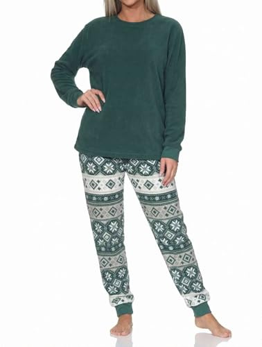 NORMANN Damen Schlafanzug lang in Norweger Optik aus kuschelig warmen Coralfleece