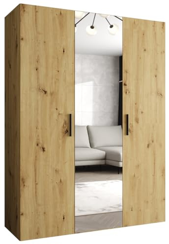 MEBLE KRYSPOL - Kleiderschrank - Garderobenschrank - 150 cm x 202 x 52 cm - Schrank mit Kleiderstange und Spiegel, 3 Türen - für Schlafzimmer, Flur - BARI, Artisan-Eiche, Griff Schwarz