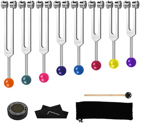 Solfeggio Chakra stämgaffel set för yoga, meditation och ljudterapi, med rengöringsduk, förvaringspåse och aktivator för avkoppling, stressminskning och harmoniserande ljudupplevelse