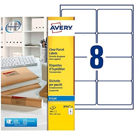 Avery J8565–25 200 transparente, selbstklebende Etiketten; personalisierbar; 99,1 mm x 67,7 mm; Druck: Inkjet