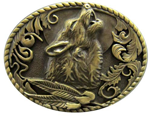 Buckle Heulender Wolf, Indianer-Feder, antik Messing, Gürtelschnalle